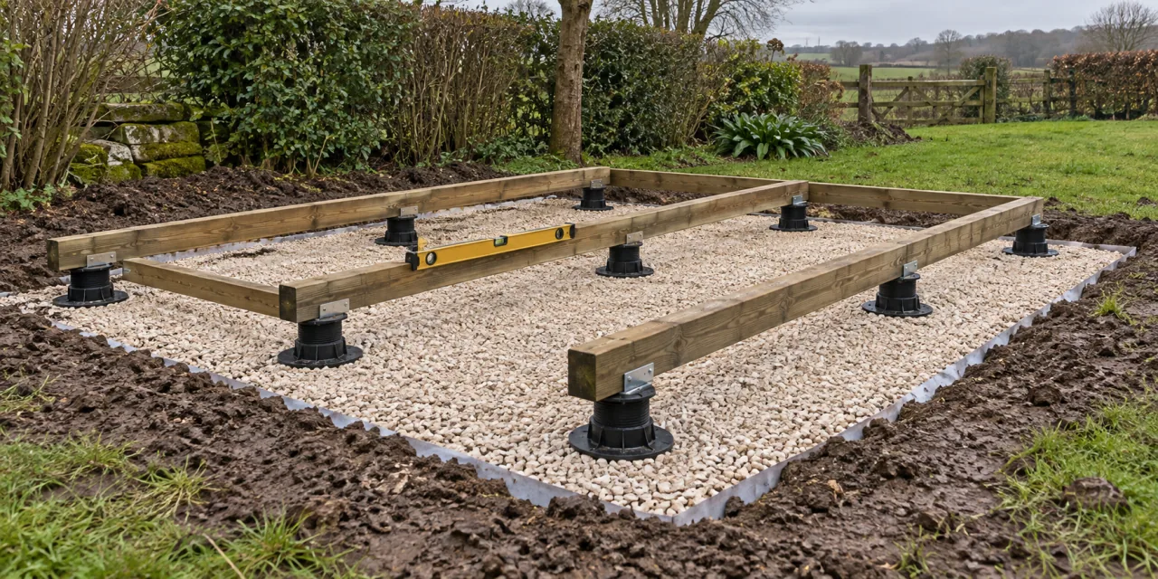 Base d’abri de jardin en préparation : lit de gravier sur géotextile, plots réglables alignés et niveau à bulle posé sur les lambourdes