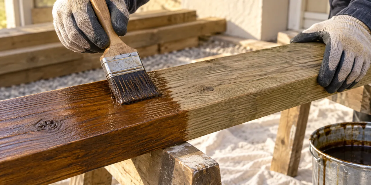 Mains gantées appliquant au pinceau un produit de finition sur une planche en bois, la moitié traitée nettement plus foncée que l’autre